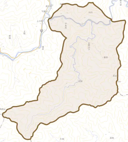 大字父野川下とその周辺の地図。町の範囲を重ねている