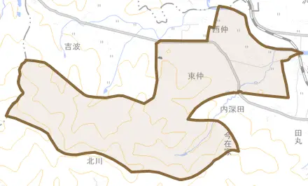 大字東仲とその周辺の地図。町の範囲を重ねている
