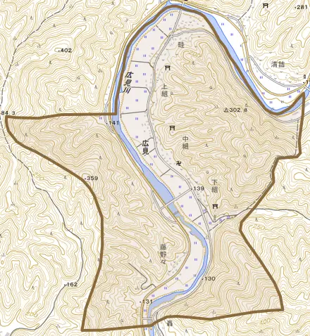 大字広見とその周辺の地図。町の範囲を重ねている