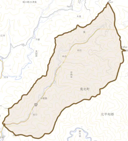 大字日向谷とその周辺の地図。町の範囲を重ねている
