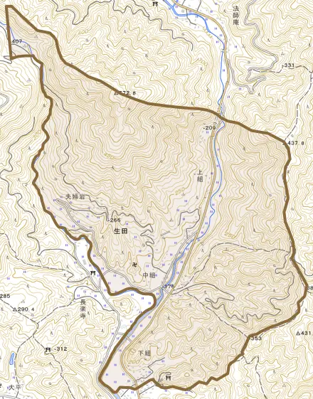 大字生田とその周辺の地図。町の範囲を重ねている