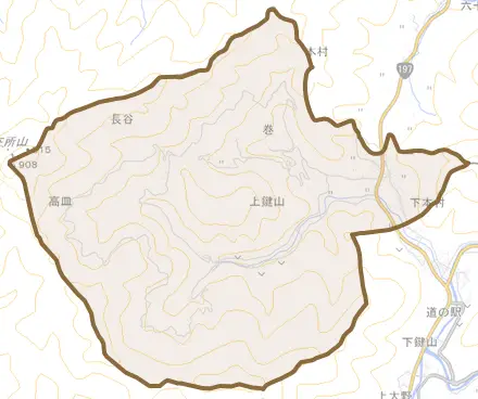 大字上鍵山とその周辺の地図。町の範囲を重ねている