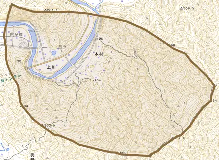 大字上川とその周辺の地図。町の範囲を重ねている