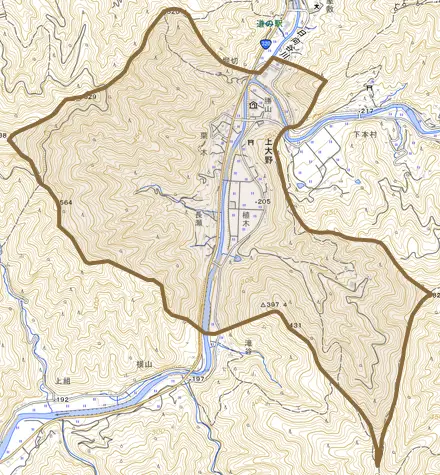 大字上大野とその周辺の地図。町の範囲を重ねている