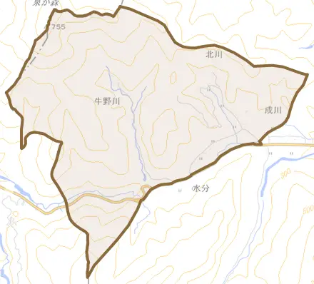 大字北川とその周辺の地図。町の範囲を重ねている