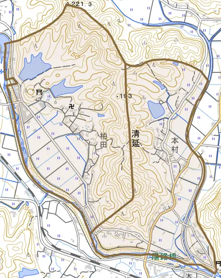 大字清延とその周辺の地図。町の範囲を重ねている
