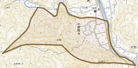 大字小西野々とその周辺の地図。町の範囲を重ねている