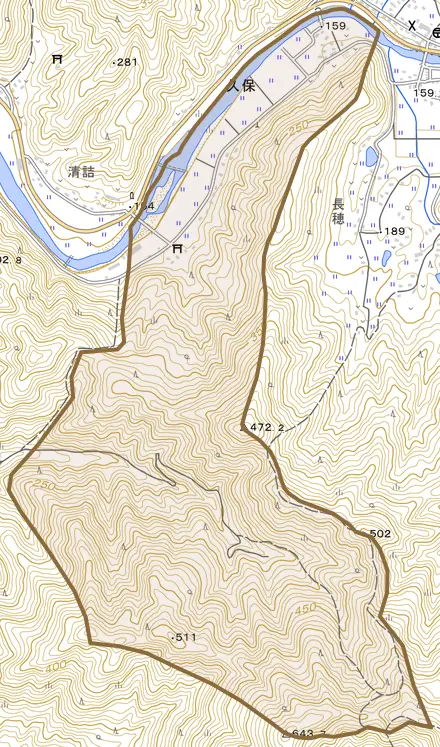 大字久保とその周辺の地図。町の範囲を重ねている