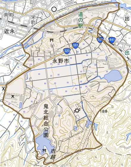 大字永野市とその周辺の地図。町の範囲を重ねている
