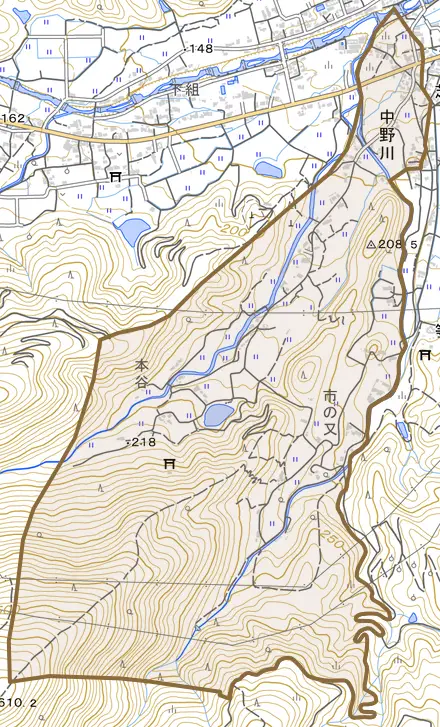 大字中野川とその周辺の地図。町の範囲を重ねている