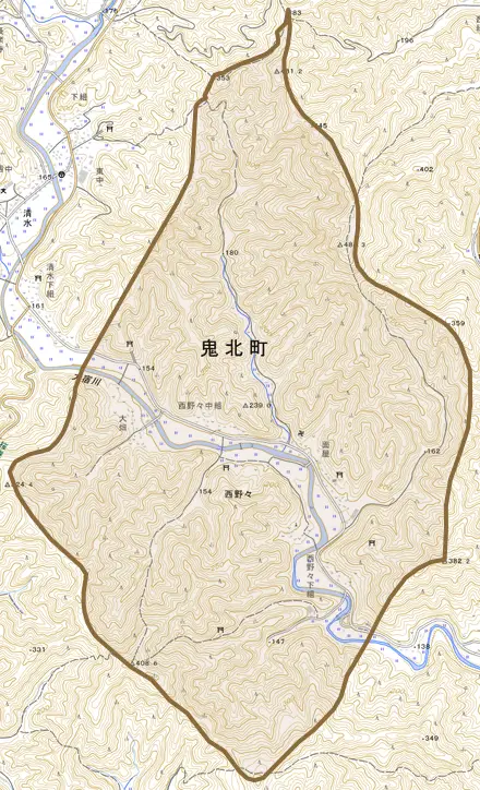 大字西野々とその周辺の地図。町の範囲を重ねている