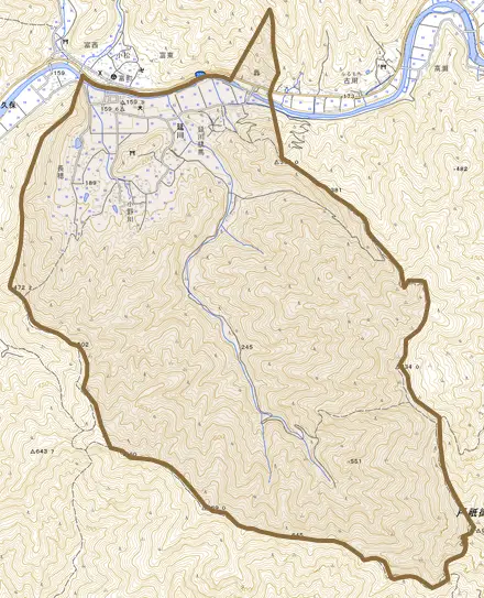 大字延川とその周辺の地図。町の範囲を重ねている