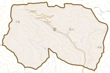大字大宿とその周辺の地図。町の範囲を重ねている