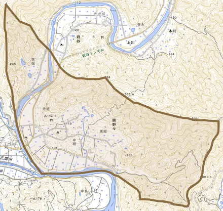 大字興野々とその周辺の地図。町の範囲を重ねている