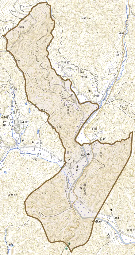 大字清水とその周辺の地図。町の範囲を重ねている