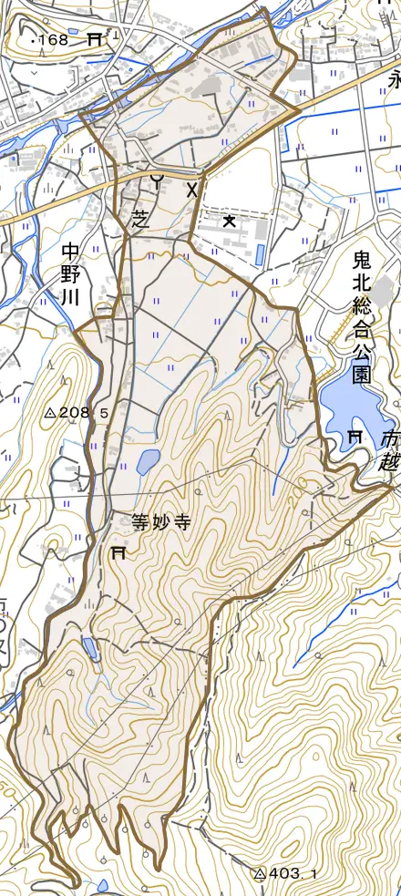 大字芝とその周辺の地図。町の範囲を重ねている