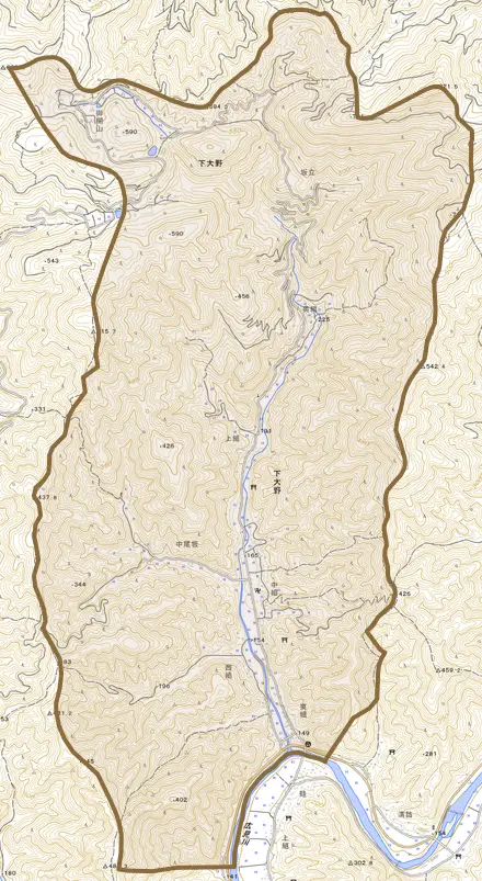 大字下大野とその周辺の地図。町の範囲を重ねている