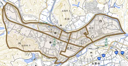 大字近永とその周辺の地図。町の範囲を重ねている