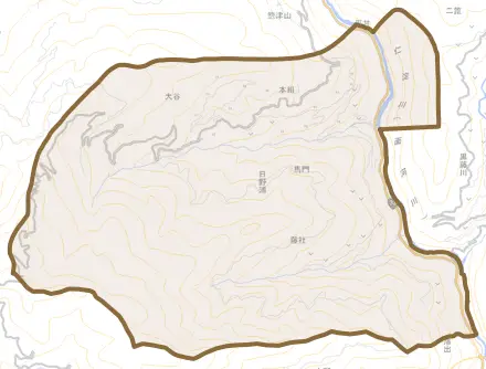 日野浦とその周辺の地図。町の範囲を重ねている