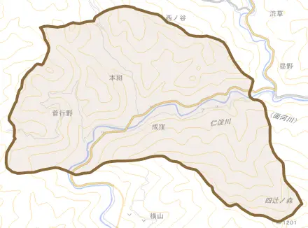 本組とその周辺の地図。町の範囲を重ねている