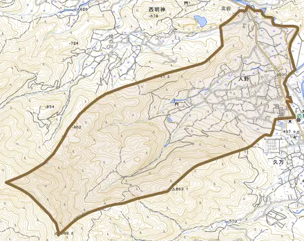 入野とその周辺の地図。町の範囲を重ねている