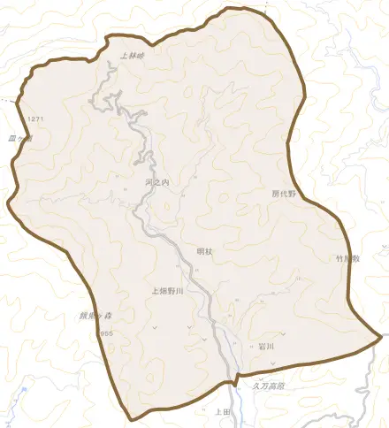 上畑野川とその周辺の地図。町の範囲を重ねている