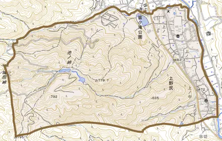 上野尻とその周辺の地図。町の範囲を重ねている