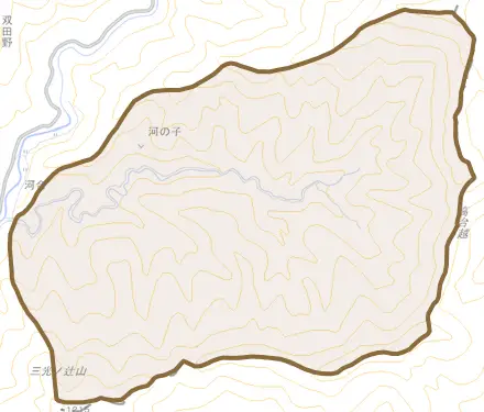 河の子とその周辺の地図。町の範囲を重ねている