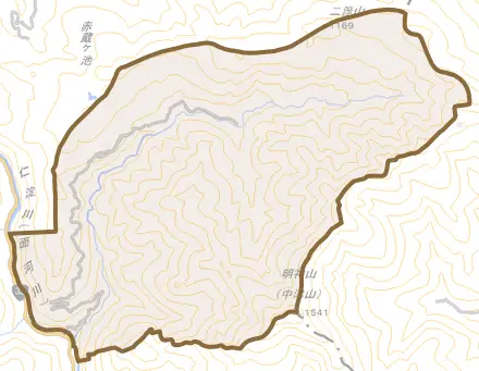 黒藤川とその周辺の地図。町の範囲を重ねている