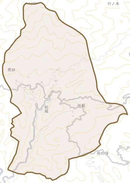 前組とその周辺の地図。町の範囲を重ねている