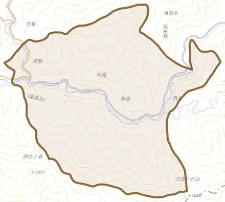中組とその周辺の地図。町の範囲を重ねている