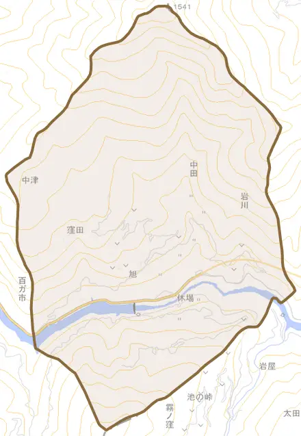 中津とその周辺の地図。町の範囲を重ねている