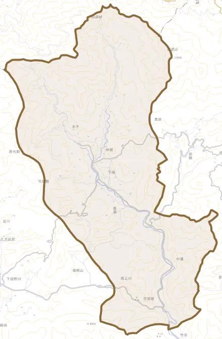 直瀬とその周辺の地図。町の範囲を重ねている