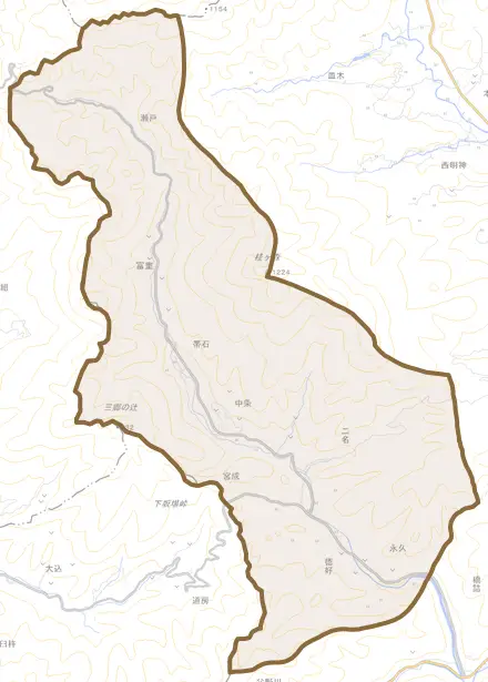二名とその周辺の地図。町の範囲を重ねている