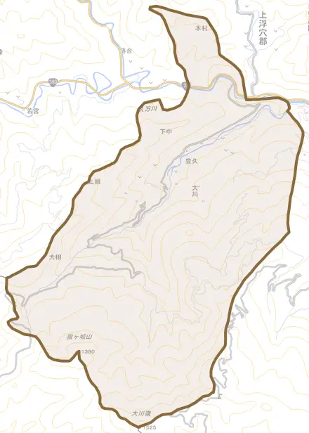 大川とその周辺の地図。町の範囲を重ねている
