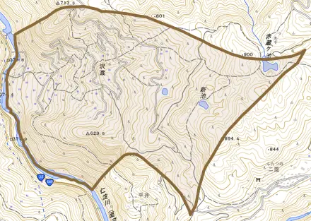 沢渡とその周辺の地図。町の範囲を重ねている