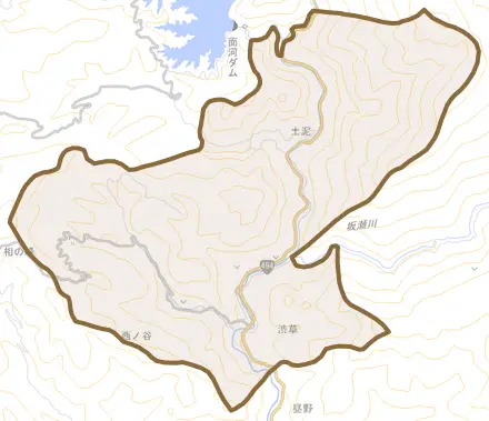 渋草とその周辺の地図。町の範囲を重ねている