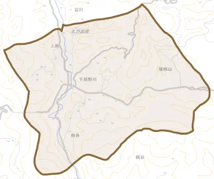 下畑野川とその周辺の地図。町の範囲を重ねている
