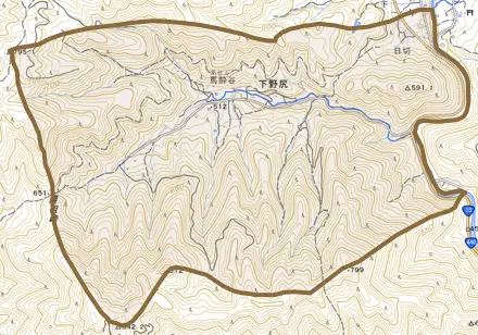 下野尻とその周辺の地図。町の範囲を重ねている