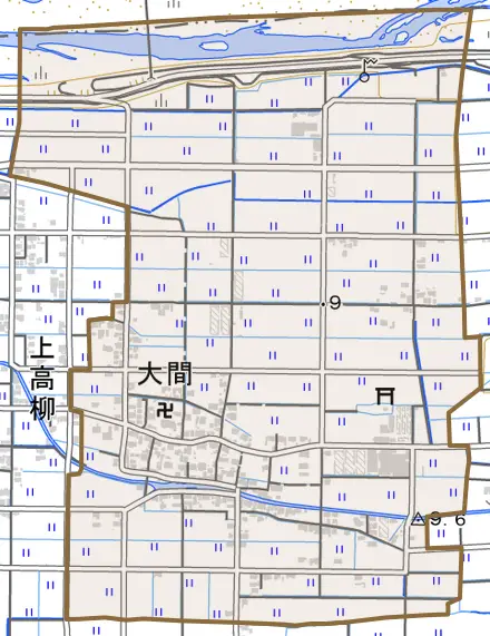 大字大間とその周辺の地図。町の範囲を重ねている
