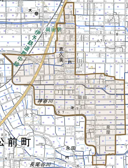 大字恵久美とその周辺の地図。町の範囲を重ねている