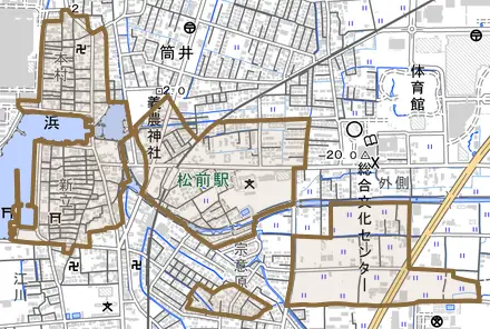 大字浜とその周辺の地図。町の範囲を重ねている