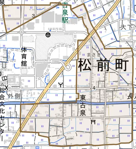 大字東古泉とその周辺の地図。町の範囲を重ねている