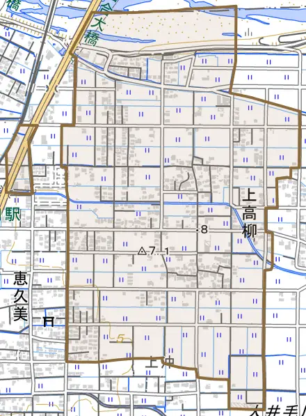 大字上高柳とその周辺の地図。町の範囲を重ねている