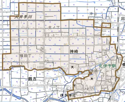 大字神崎とその周辺の地図。町の範囲を重ねている
