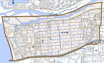 大字北川原とその周辺の地図。町の範囲を重ねている