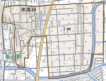 大字南黒田とその周辺の地図。町の範囲を重ねている