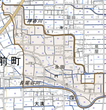 大字永田とその周辺の地図。町の範囲を重ねている