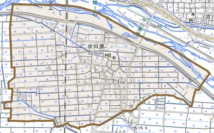 大字中川原とその周辺の地図。町の範囲を重ねている