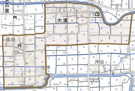大字大溝とその周辺の地図。町の範囲を重ねている